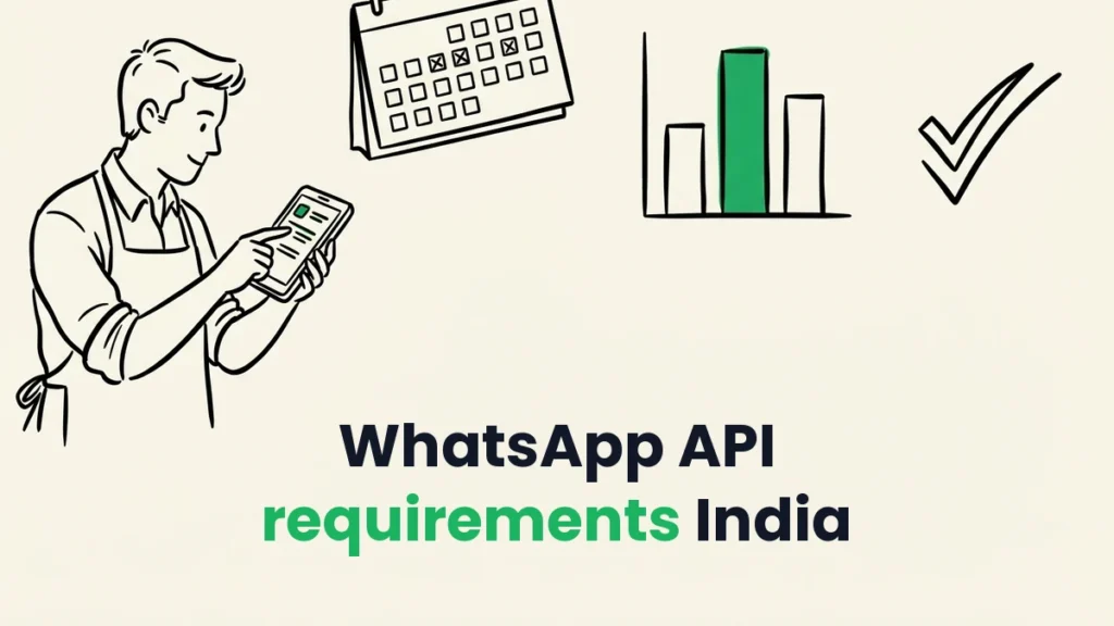 Shop owner checking WhatsApp Business API requirements India on a phone, with a calendar and bar chart