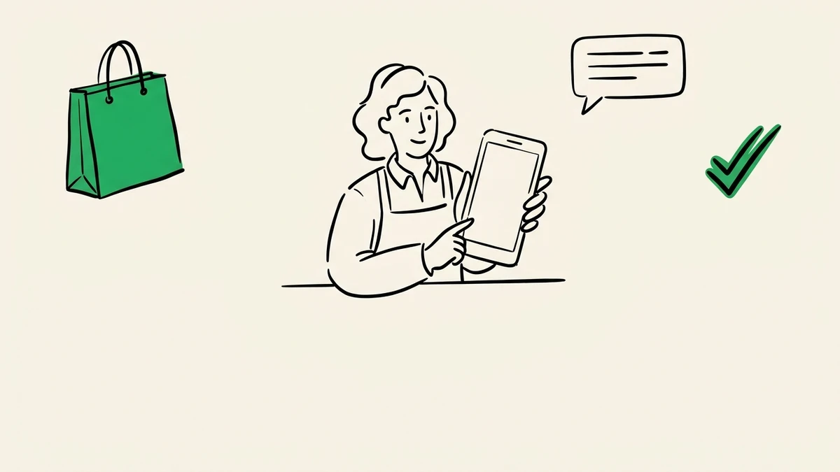 Illustration of a shop owner managing customer chats and orders through a business messaging app on a smartphone