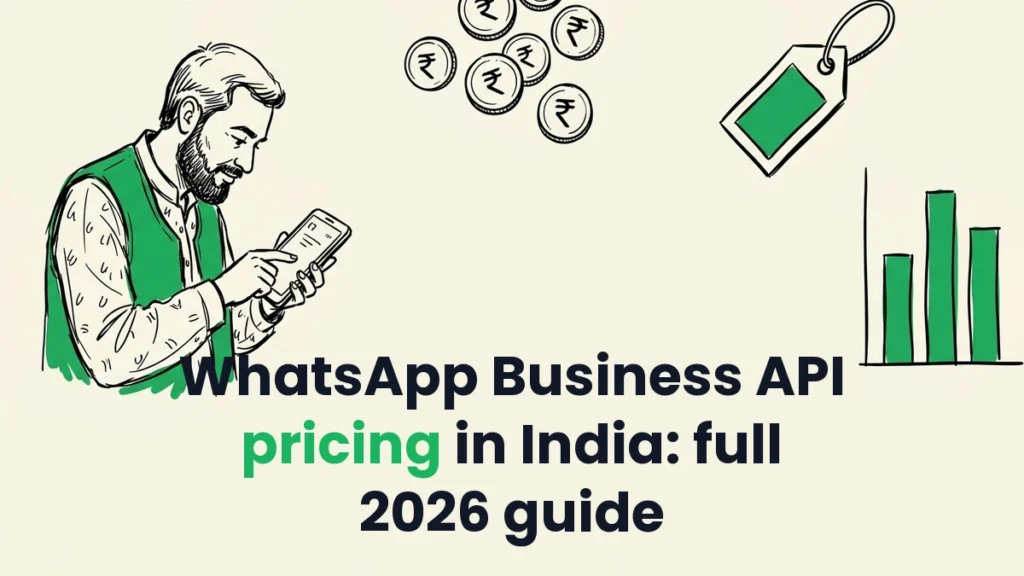 WhatsApp Business API pricing in India illustrated with a shop owner checking costs on a smartphone
